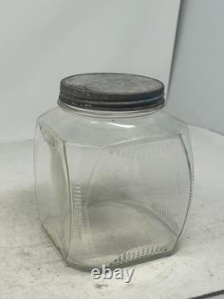 1920`s-30s Counter Display Jar Glass Clear Tin Screw-on Cover 6x6x7