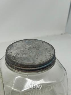 1920`s-30s Counter Display Jar Glass Clear Tin Screw-on Cover 6x6x7