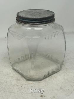1920`s-30s Counter Display Jar Glass Clear Tin Screw-on Cover 6x6x7