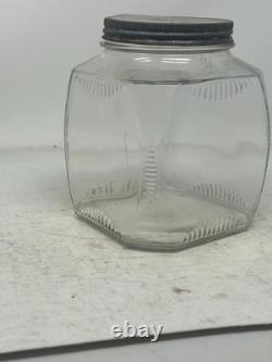 1920`s-30s Counter Display Jar Glass Clear Tin Screw-on Cover 6x6x7