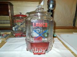 1930's Vintage 12 Lance Jar With Red Metal Stand And Over The Lip Glass LID