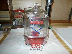 1930's Vintage 12 Lance Jar With Red Metal Stand And Over The Lip Glass LID