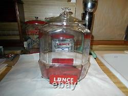 1930's Vintage 12 Lance Jar With Red Metal Stand And Over The Lip Glass LID