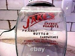 1930s Atlanta JAKE'S PEANUTS Glass Store Counter JAR withMETAL Hinged Lid RARE