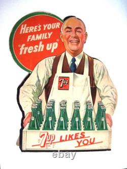 1948 Store Display for 7 UP Soda Man Holding Wooden Tray of Glass Bottles