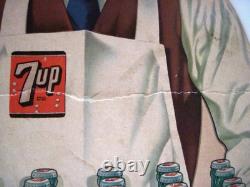1948 Store Display for 7 UP Soda Man Holding Wooden Tray of Glass Bottles