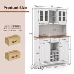 72.5 White Buffet with Hutch Freestanding Pantry Cabinet Drawers
