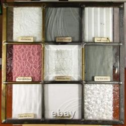 9 different SALESMAN SAMPLE GLASS in stained glass-like PANEL 9-1/2+ square