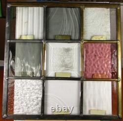 9 different SALESMAN SAMPLE GLASS in stained glass-like PANEL 9-1/2+ square