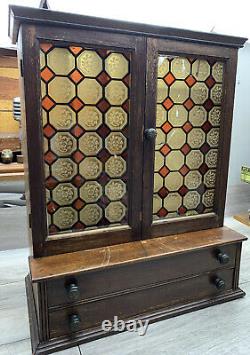 Antique Apothecary Cabinet Stained Glass Wood 2 Drawers Counter Display Store