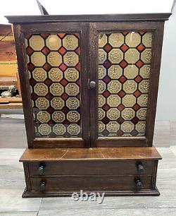 Antique Apothecary Cabinet Stained Glass Wood 2 Drawers Counter Display Store