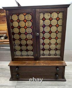 Antique Apothecary Cabinet Stained Glass Wood 2 Drawers Counter Display Store