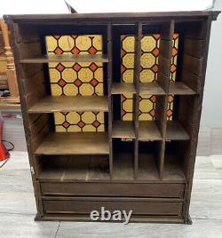 Antique Apothecary Cabinet Stained Glass Wood 2 Drawers Counter Display Store