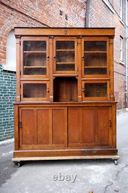 Antique Cigar Store Display Cabinet Apothecary Oak Wood and Glass Doors Brass