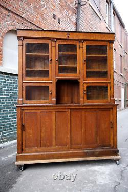 Antique Cigar Store Display Cabinet Apothecary Oak Wood and Glass Doors Brass