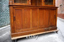 Antique Cigar Store Display Cabinet Apothecary Oak Wood and Glass Doors Brass