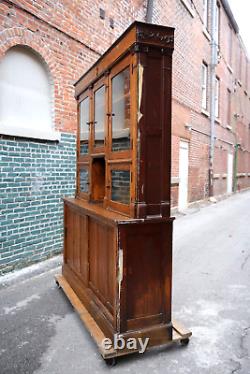 Antique Cigar Store Display Cabinet Apothecary Oak Wood and Glass Doors Brass