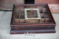 Antique Drug Store Countertop Glass Display Case Wood Apothecary Cabinet Vintage