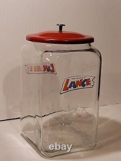 Antique Extra Large Lance Peanut Cracker Store Jar Heavy Glass 2 Logo Metal Lid