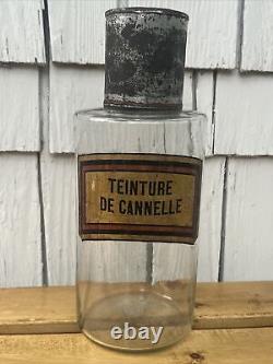 Antique French Apothecary Jar Store Display TEINTURE DE CANNELLE Glass Tin Top