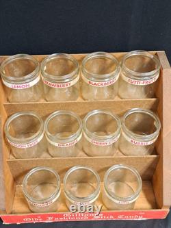 Antique Gillihams Candy Stick Glass Holder Jars In Wood Store Display Rare