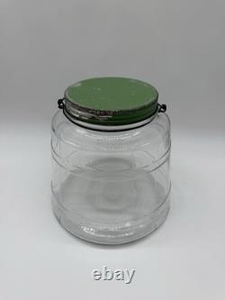 Antique Hoosier Glass Banded Barrel Shape Pickle Jar With Lid Bail Wooden Handle