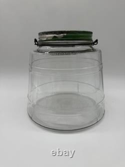 Antique Hoosier Glass Banded Barrel Shape Pickle Jar With Lid Bail Wooden Handle