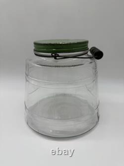 Antique Hoosier Glass Banded Barrel Shape Pickle Jar With Lid Bail Wooden Handle