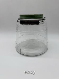 Antique Hoosier Glass Banded Barrel Shape Pickle Jar With Lid Bail Wooden Handle
