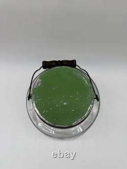 Antique Hoosier Glass Banded Barrel Shape Pickle Jar With Lid Bail Wooden Handle