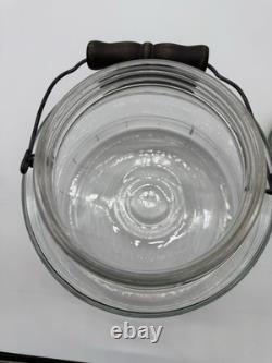 Antique Hoosier Glass Banded Barrel Shape Pickle Jar With Lid Bail Wooden Handle