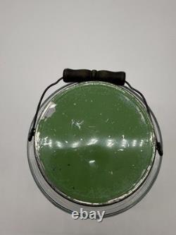 Antique Hoosier Glass Banded Barrel Shape Pickle Jar With Lid Bail Wooden Handle