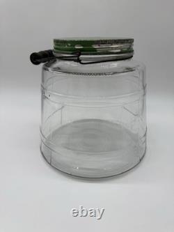 Antique Hoosier Glass Banded Barrel Shape Pickle Jar With Lid Bail Wooden Handle