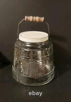 Antique Hoosier Glass Barrel Shape Pickle Jar Screw Lid Bail Wooden Handle Heavy