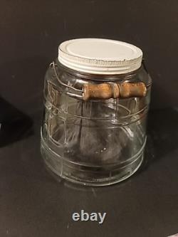 Antique Hoosier Glass Barrel Shape Pickle Jar Screw Lid Bail Wooden Handle Heavy