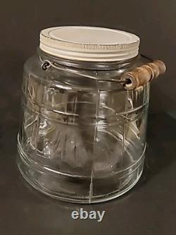 Antique Hoosier Glass Barrel Shape Pickle Jar Screw Lid Bail Wooden Handle Heavy