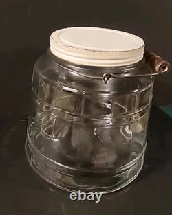 Antique Hoosier Glass Barrel Shape Pickle Jar Screw Lid Bail Wooden Handle Heavy