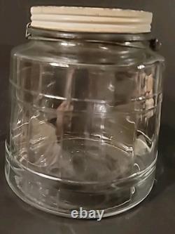 Antique Hoosier Glass Barrel Shape Pickle Jar Screw Lid Bail Wooden Handle Heavy