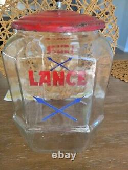 Antique Lance Crackers Glass store Display Jar Original red metal lid 11.5