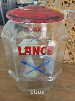 Antique Lance Crackers Glass store Display Jar Original red metal lid 11.5