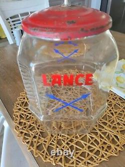 Antique Lance Crackers Glass store Display Jar Original red metal lid 11.5