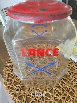 Antique Lance Crackers Glass store Display Jar Original red metal lid 11.5