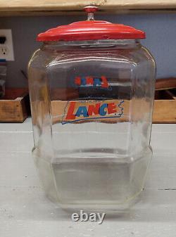 Antique Large Lance Peanut Cracker Store Jar Heavy Glass 2 Logo Metal Lid