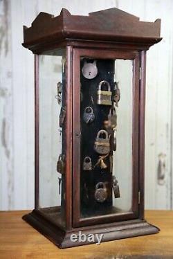 Antique Lock and Key Rotating Hardware Store cabinet wood glass Display Case