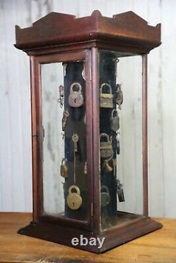 Antique Lock and Key Rotating Hardware Store cabinet wood glass Display Case