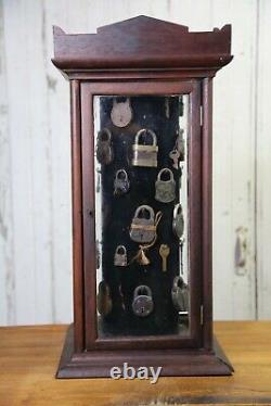 Antique Lock and Key Rotating Hardware Store cabinet wood glass Display Case