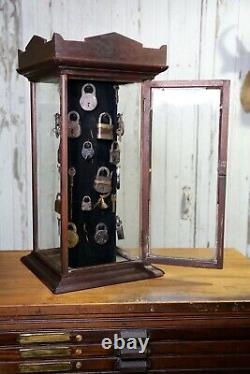 Antique Lock and Key Rotating Hardware Store cabinet wood glass Display Case