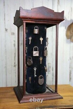 Antique Lock and Key Rotating Hardware Store cabinet wood glass Display Case