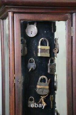 Antique Lock and Key Rotating Hardware Store cabinet wood glass Display Case