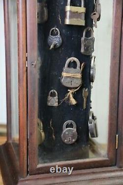 Antique Lock and Key Rotating Hardware Store cabinet wood glass Display Case